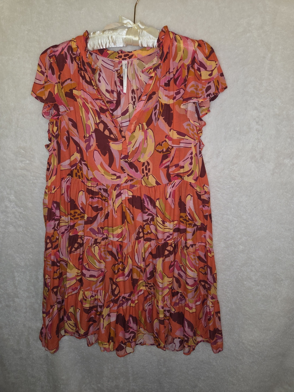 Anthropologie Orange Pink Yellow Floral Tiered V-Neck Dress